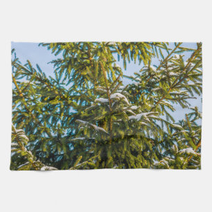 Green Christmas Tree In Snow Tea Towel