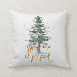 Green Christmas tree Joyeux Noel gold typography Cushion