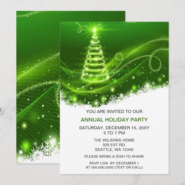 Green Christmas Tree Modern Holiday Party Invitation (Front/Back)