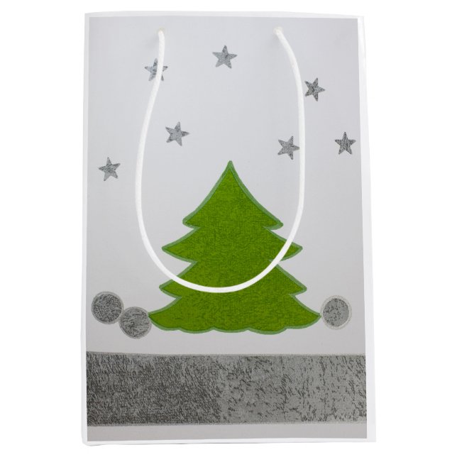 Green Christmas tree on snow  and stars Medium Gift Bag (Front)