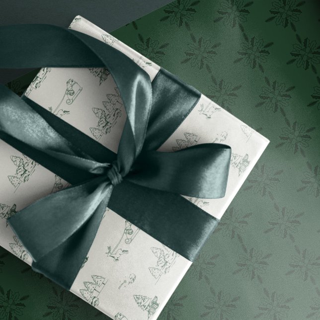 Green Christmas Tree Ornaments and Gifts Holidays Wrapping Paper Sheet (Wrapping paper in green tones. Modern Toile de Jouy Christmas Illustrations)