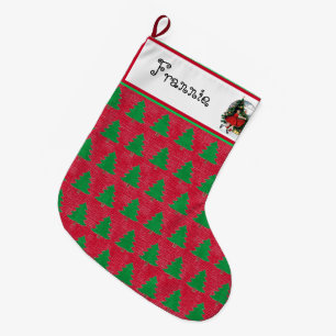 Green Christmas Tree Pattern on Red to Personalise Large Christmas Stocking