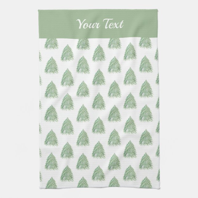 Green Christmas Tree Pattern Watercolor Holiday Tea Towel (Vertical)