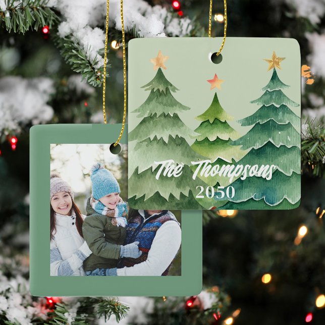 Green Christmas Tree Photo Holiday Custom Ceramic Ornament (Christmas tree holiday custom photo ornaments. )