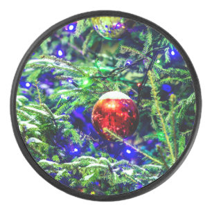Green Christmas Tree Red Ball Hockey Puck