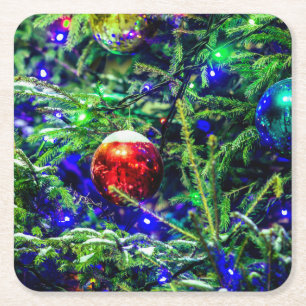 Green Christmas Tree Red Ball Square Paper Coaster