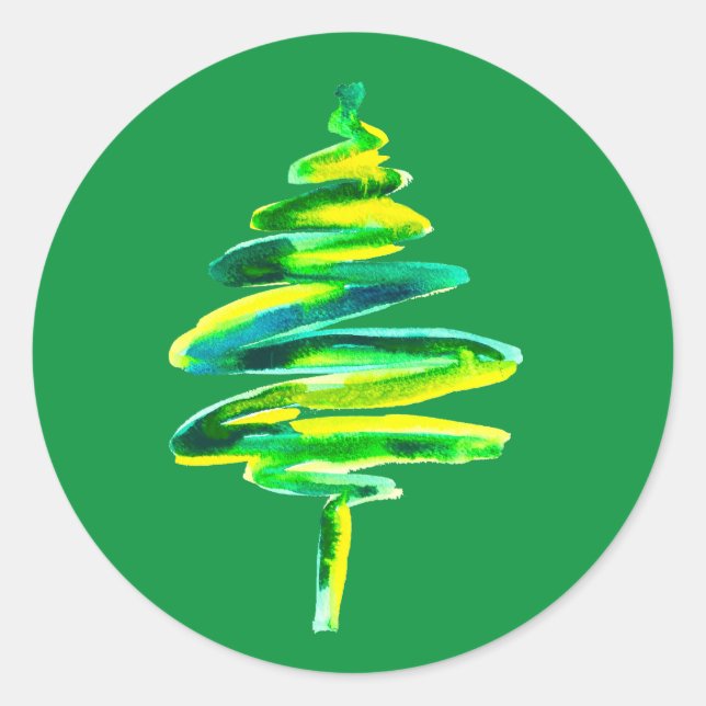 Green Christmas Tree watercolor Classic Round Sticker (Front)
