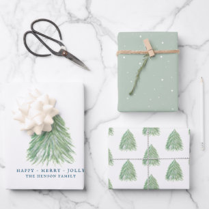 Green Christmas Tree Watercolor Drawing Holiday Wrapping Paper Sheet