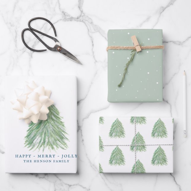 Green Christmas Tree Watercolor Drawing Holiday  Wrapping Paper Sheet (Front)