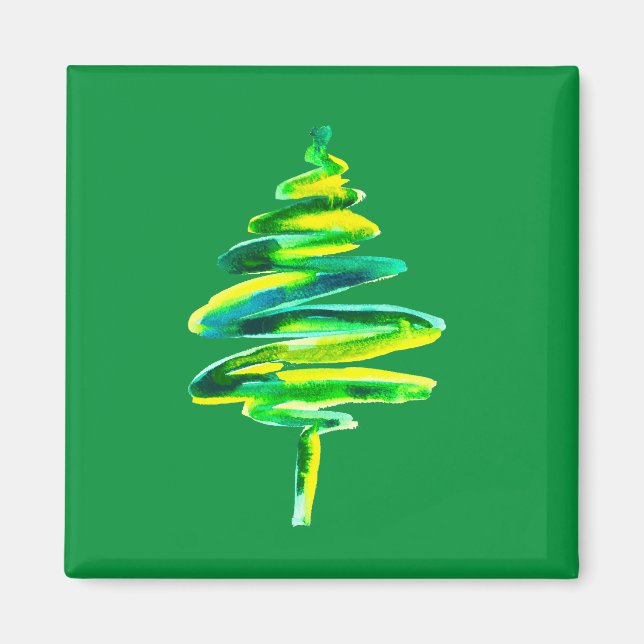 Green Christmas Tree watercolor Magnet (Front)