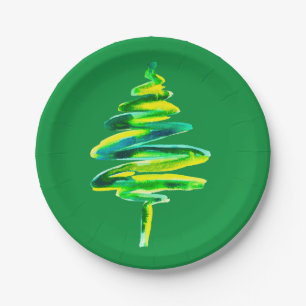 Green Christmas Tree watercolor Paper Plate