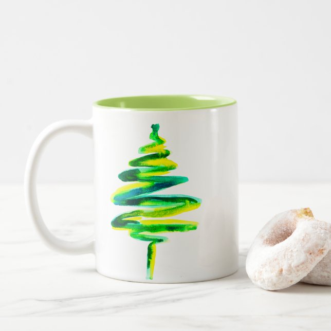 Green Christmas Tree watercolor Two-Tone Coffee Mug (With Donut)