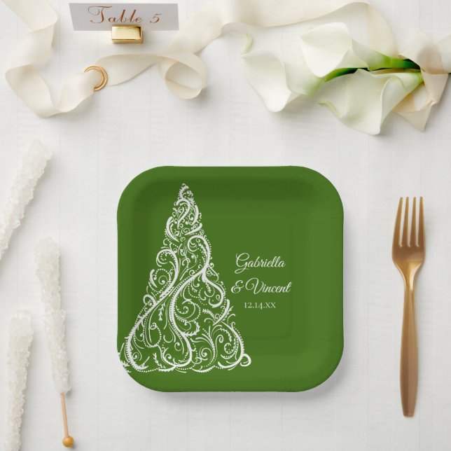Green Christmas Tree Winter Wedding Paper Plate (Wedding)