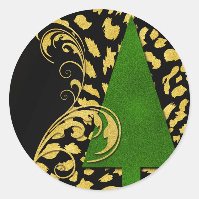 Green Christmas Tree with Black and Gold Swirls Classic Round Sticker (Front)