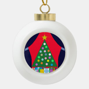 Green Christmas Tree with Blue Curtains Ceramic Ball Christmas Ornament