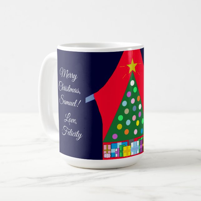 Green Christmas Tree with Blue Drapes: Coffee Mug (Front Left)