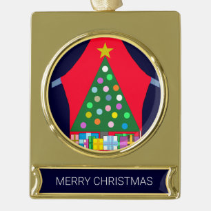 Green Christmas Tree with Blue Drapes: Gold Plated Banner Ornament