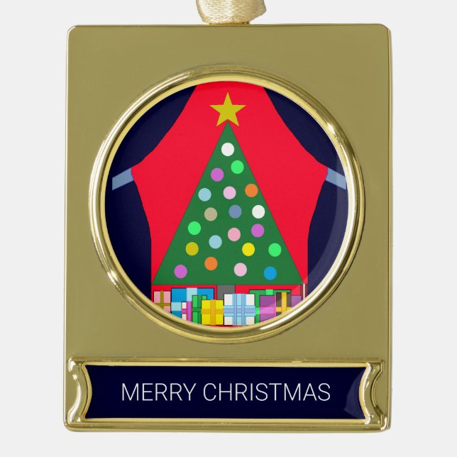 Green Christmas Tree with Blue Drapes: Gold Plated Banner Ornament (Front)