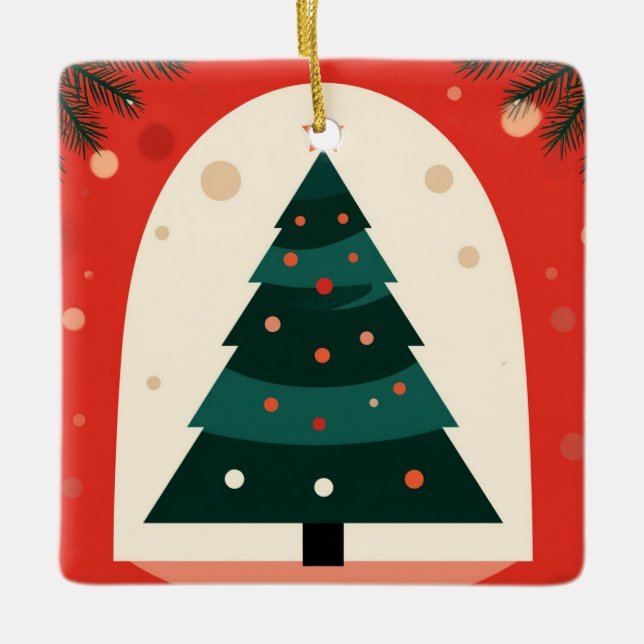 Green Christmas Tree With Red Holiday Ceramic Ornament (Front)