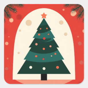 Green Christmas Tree With Red Holiday Square Sticker