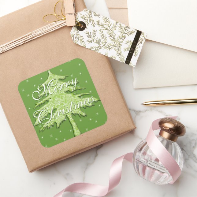 Green Christmas Tree with Stars Square Sticker (Gifting)