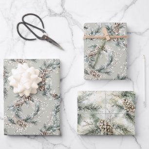 Green Christmas Tree Wreaths Pine Cones Wrapping Paper Sheet