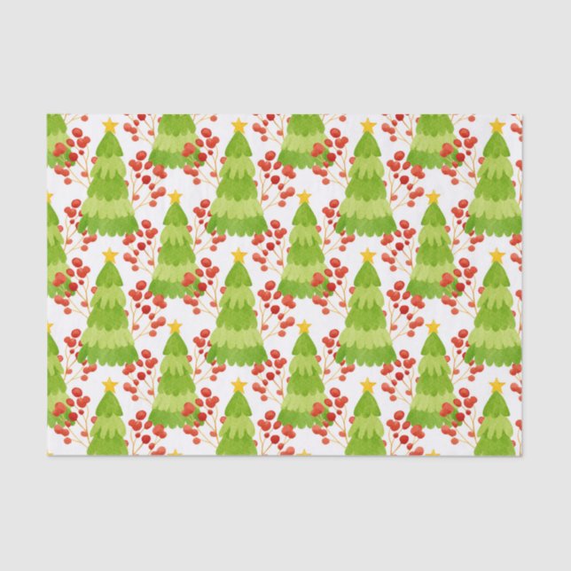 Green Christmas Trees and Red Berries  Tissue Paper (Front)