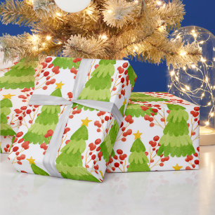 Green Christmas Trees and Red Berries Wrapping Paper