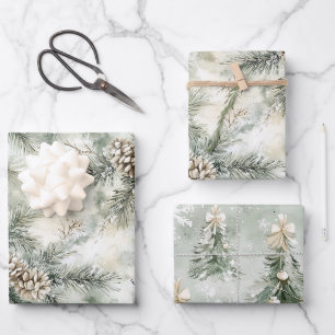 Green Christmas Trees Branches Pine Cones Wrapping Paper Sheet