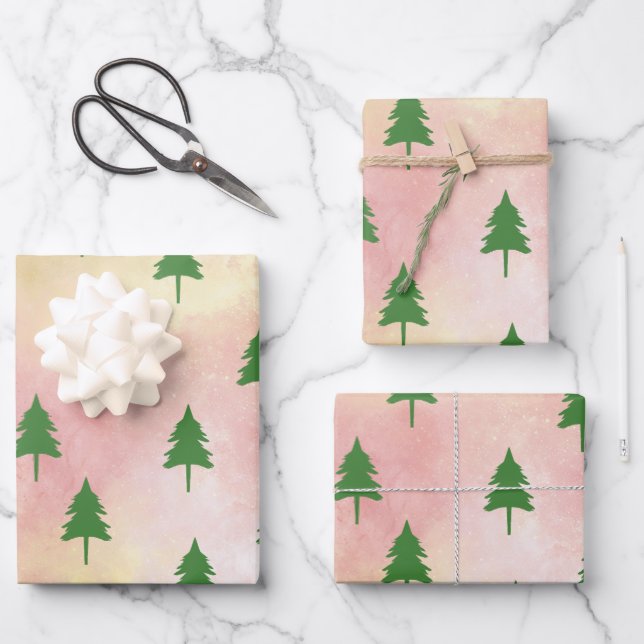 Green Christmas Trees Colourful Sky Background Wrapping Paper Sheet (Front)