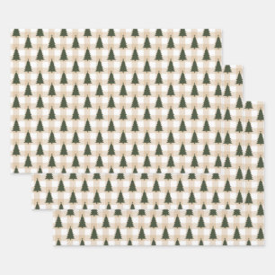 Green Christmas Trees on Cream Plaid Wrapping Paper Sheet