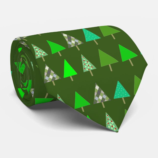 Green Christmas Trees on Green X-Mas Party Tie (Rolled)