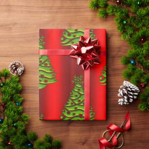 Green Christmas Trees on Red Wrapping Paper