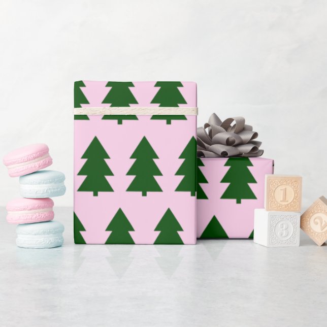 Green Christmas trees Paste Pink Wrapping Paper (Baby Shower)