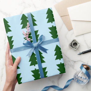 Green Christmas trees Pastel blue Wrapping Paper
