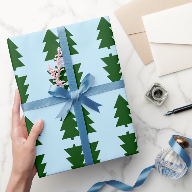Green Christmas trees Pastel blue Wrapping Paper (Gifting)