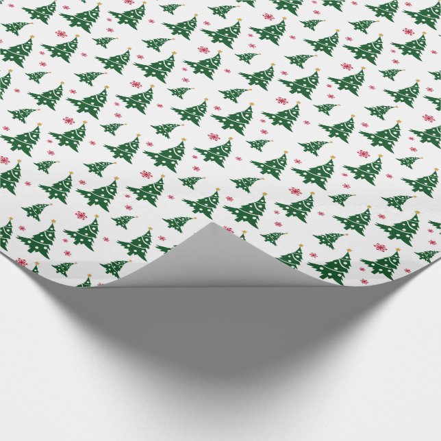 Green Christmas Trees & Red Snowflakes Pattern Wrapping Paper (Corner)