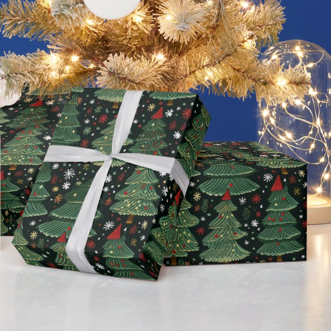 Green Christmas Trees Snowflakes Black Christmas Wrapping Paper (Holidays)