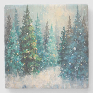 Green Christmas Trees Winter Forest Stone Coaster