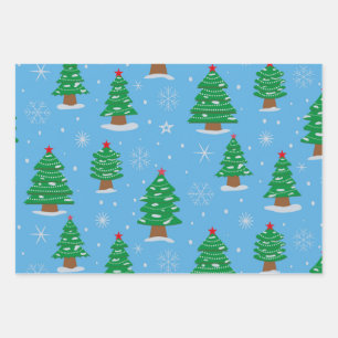 Green Christmas Trees with falling snow on blue Wrapping Paper Sheet