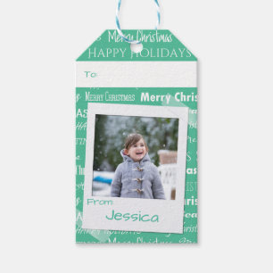 Green Christmas Typography Photo Modern Holiday Gift Tags