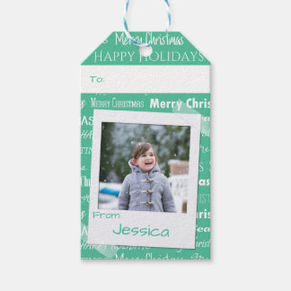 Green Christmas Typography Photo Modern Holiday Gift Tags