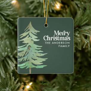 Green Christmas watercolor forest photo Ceramic Ornament