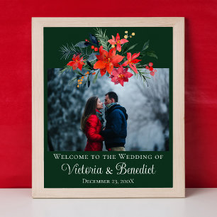 Green Christmas Wedding Photo Poinsettia Floral Poster