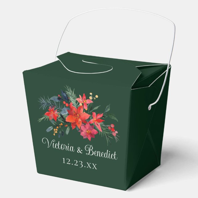 Green Christmas Wedding Red Poinsettia Floral Favour Box (Front)