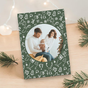 Green Christmas Whimsical hand drawn Family Photo Holiday Card