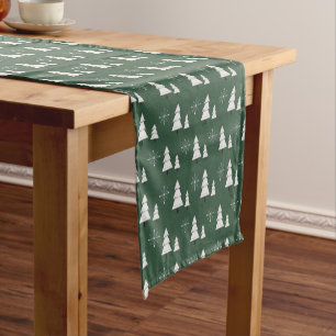 Green Christmas with pines and snowflakes Short Table Runner