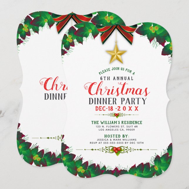 Green Christmas Wreath Dinner Party Invitation (Front/Back)