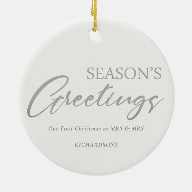 Green Christmas Wreath Photo Season's Greetings Ceramic Tree Decoration (Back)