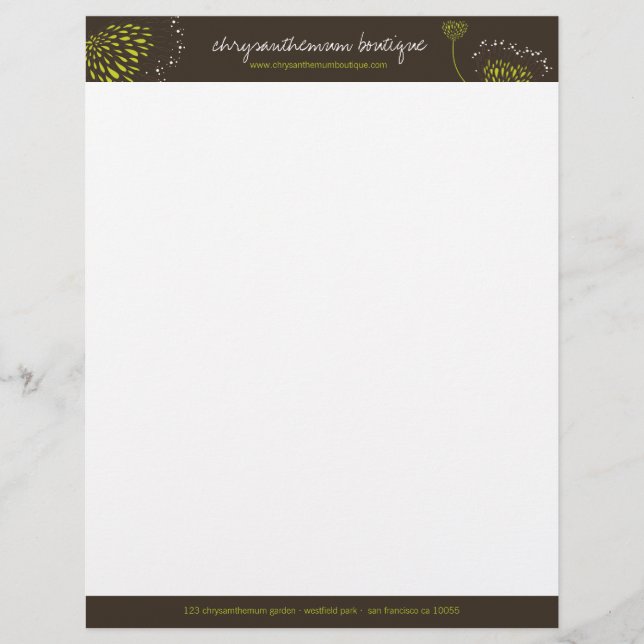 Green Chrysanthemum Flowers Elegant Chic Floral Personalised Letterhead (Front)